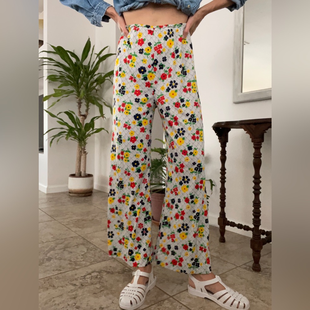 Vintage Wide Leg Pants with Micro Floral Print